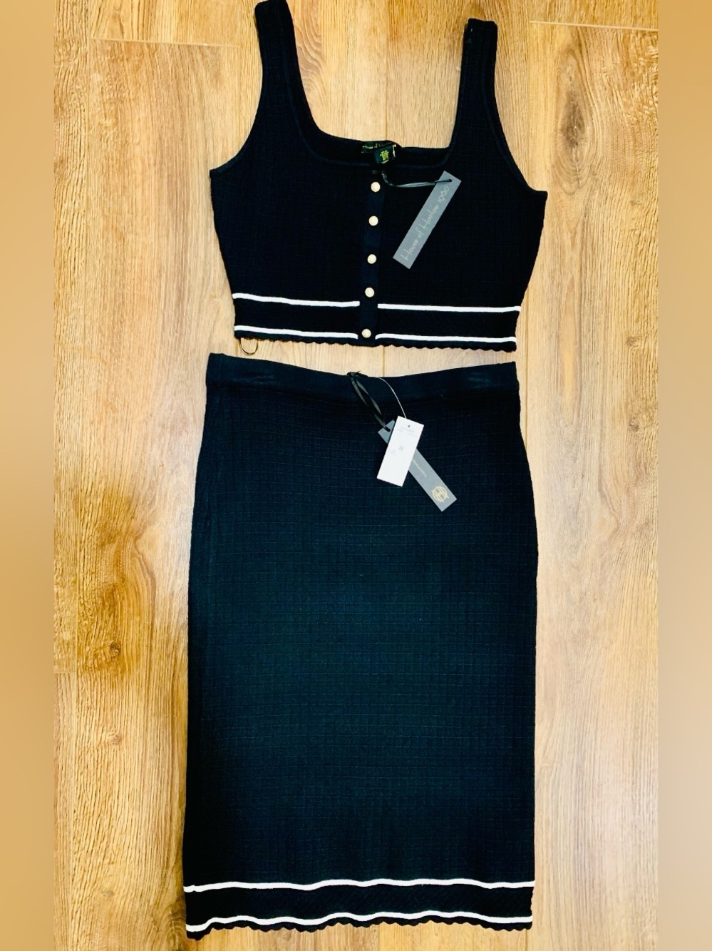 House of Harlow 1960 Black Knit Two-Piece Skirt Set with White Trim